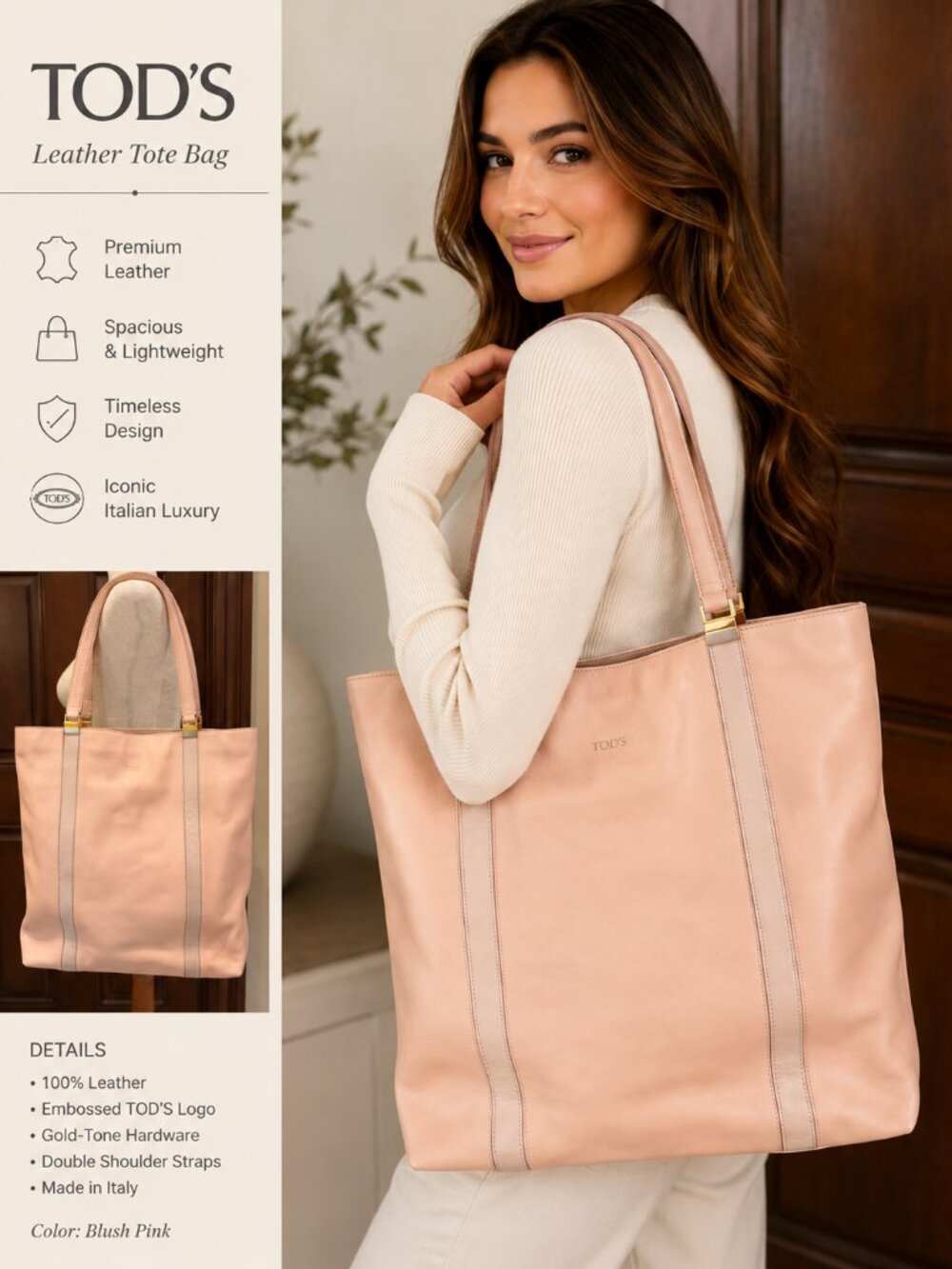 Authentic TOD'S Blush Pink Leather Tote Bag | Made in Italy